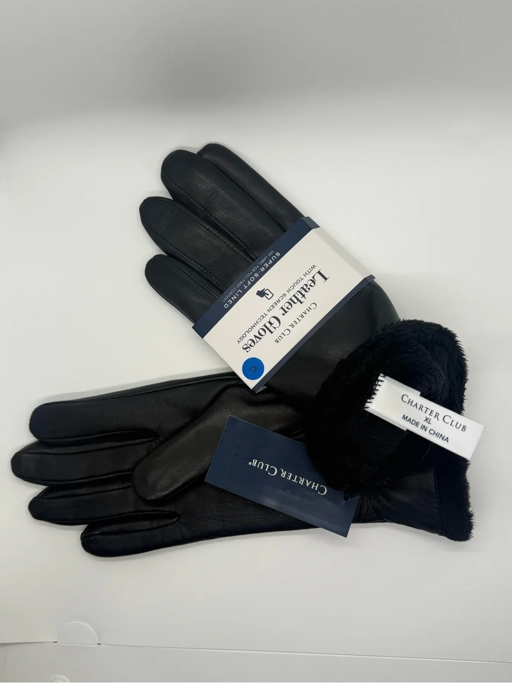 Charter Club Black Leather Gloves with Faux Fur Cuff NWT